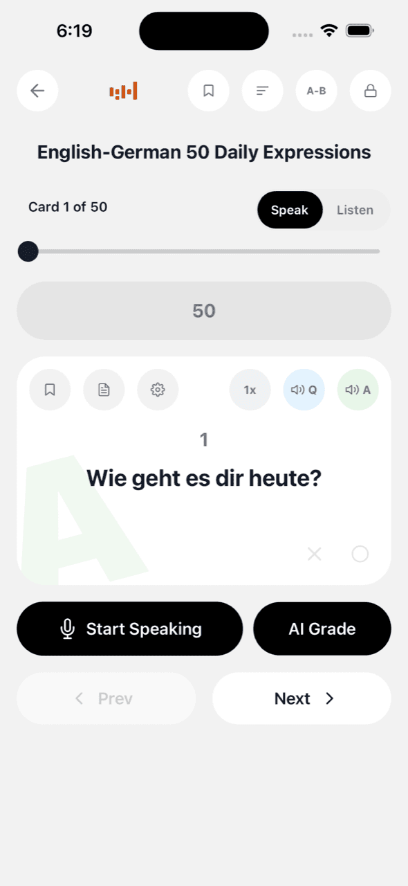 Sprech-Modus — Antwort aussprechen, VoiceCards gleicht sie mit deiner Tabelle ab